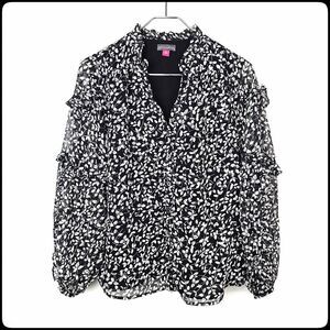 VINCE CAMUTO Front Button Black White Leaf Sheer Sleeved Career Blouse Top Small